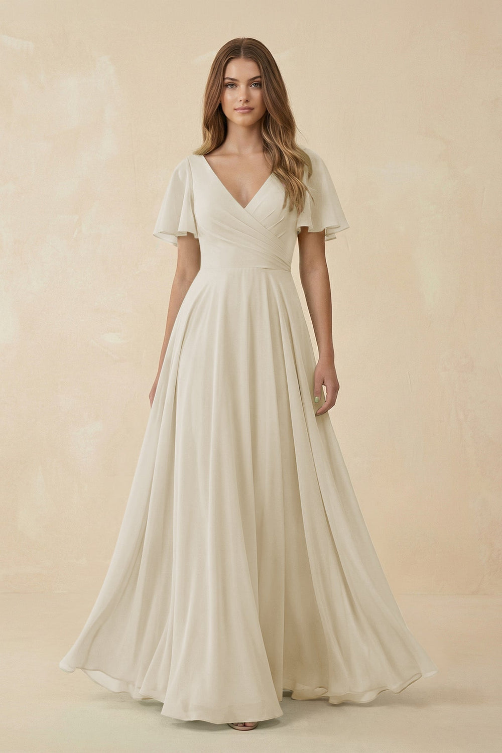 Flutter Sleeve V-Neck Chiffon A-Line Bridesmaid Dress in Dove Gray