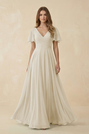 Flutter Sleeve V - Neck Chiffon A - Line Bridesmaid Dress in Dove Gray - KISS BRIDAL Bridesmaid Dresses