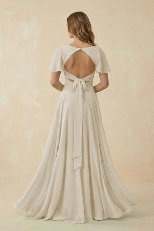 Flutter Sleeve V - Neck Chiffon A - Line Bridesmaid Dress in Dove Gray - KISS BRIDAL Bridesmaid Dresses
