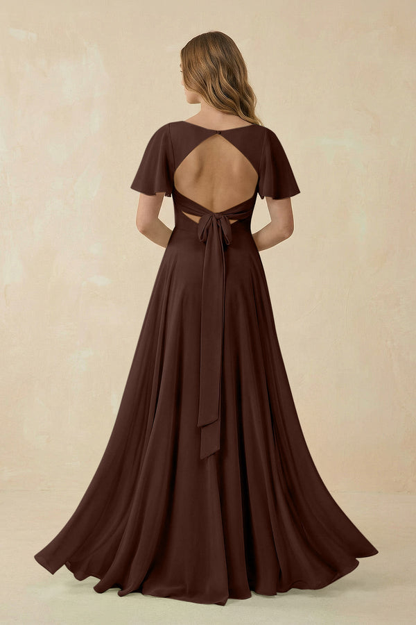 Flutter Sleeve V - Neck Chiffon A - Line Bridesmaid Dress in Espresso - KISS BRIDAL Bridesmaid Dresses