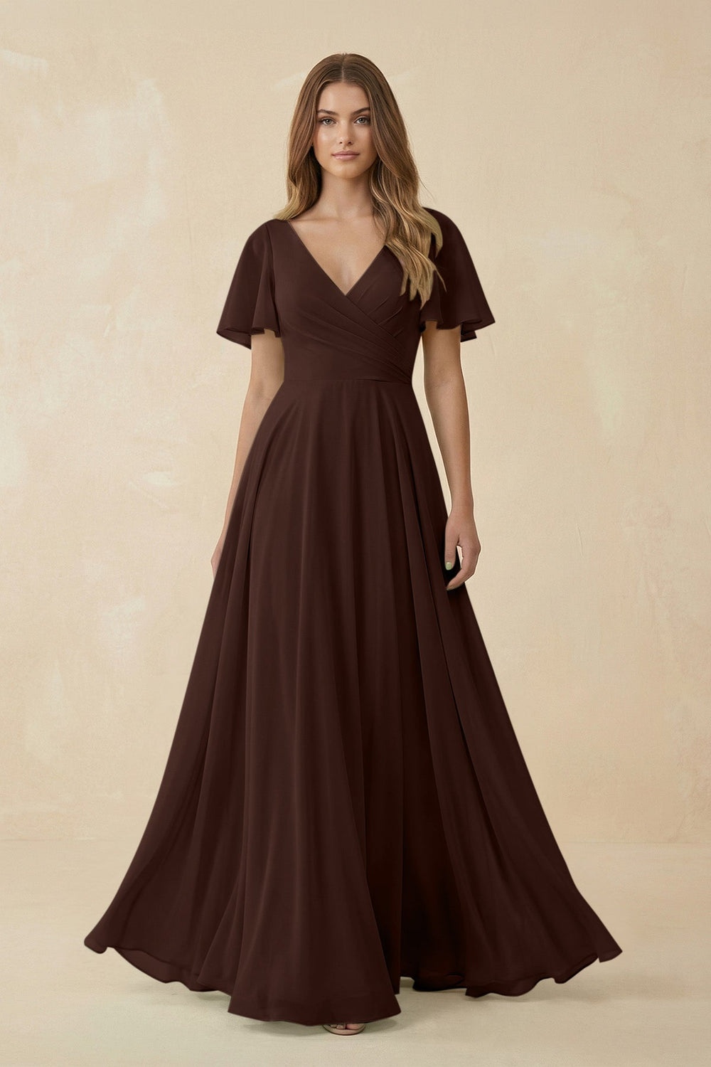 Flutter Sleeve V-Neck Chiffon A-Line Bridesmaid Dress in Espresso