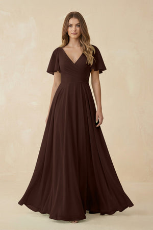 Flutter Sleeve V - Neck Chiffon A - Line Bridesmaid Dress in Espresso - KISS BRIDAL Bridesmaid Dresses