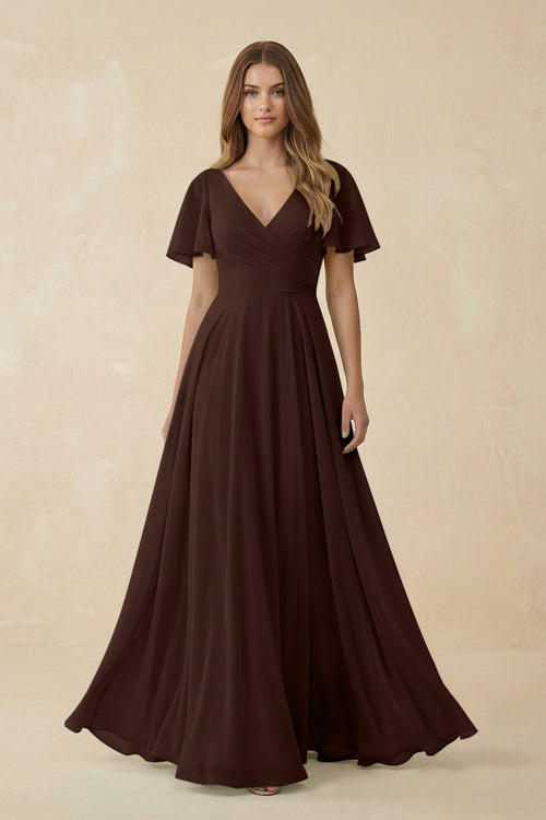 Flutter Sleeve V - Neck Chiffon A - Line Bridesmaid Dress in Espresso - KISS BRIDAL Bridesmaid Dresses