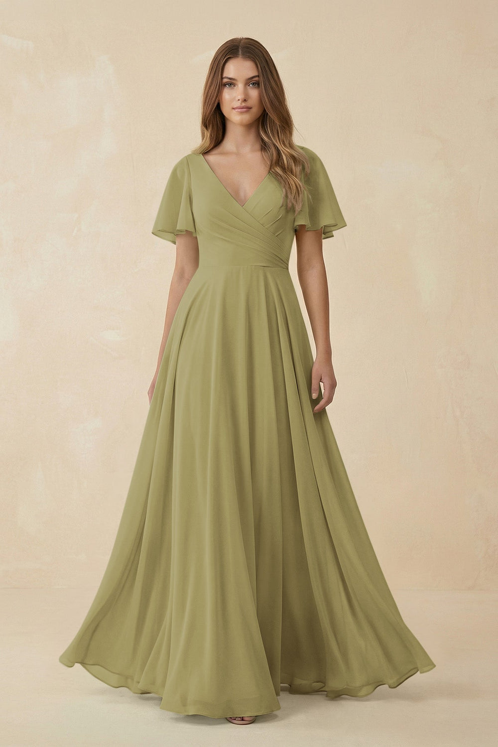 Flutter Sleeve V-Neck Chiffon A-Line Bridesmaid Dress in Moss Green