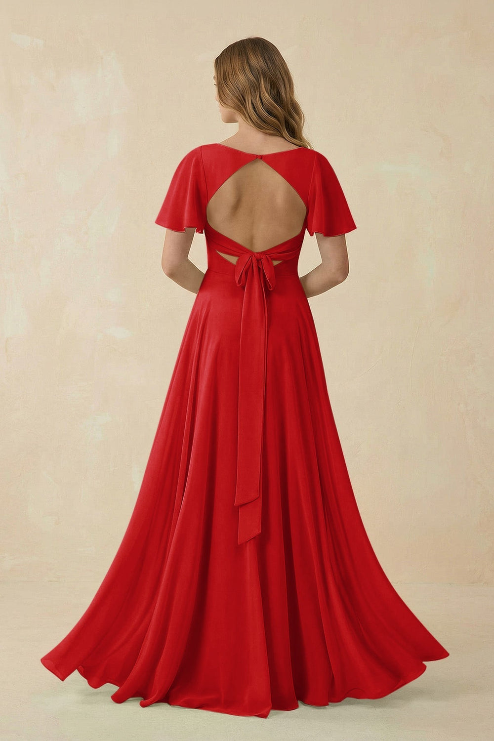 Flutter Sleeve V-Neck Chiffon A-Line Bridesmaid Dress in Ruby Red