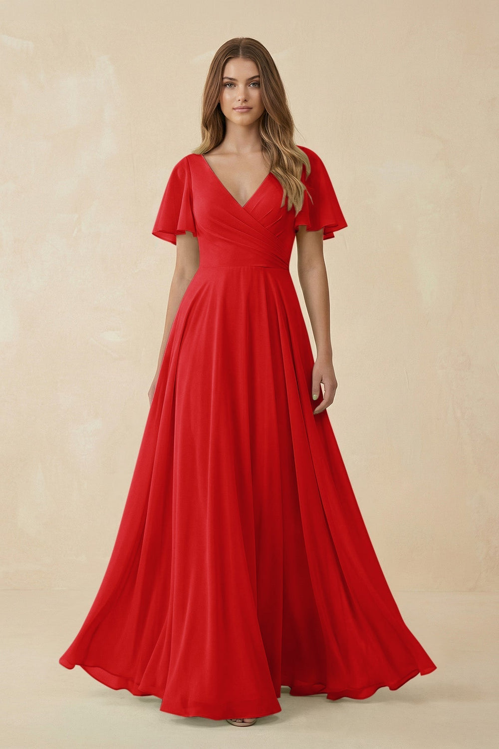 Flutter Sleeve V-Neck Chiffon A-Line Bridesmaid Dress in Ruby Red