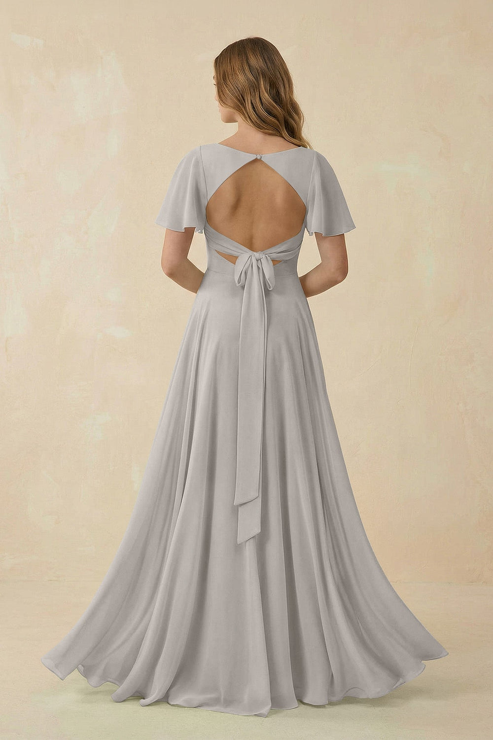 Flutter Sleeve V-Neck Chiffon A-Line Bridesmaid Dress in Silver