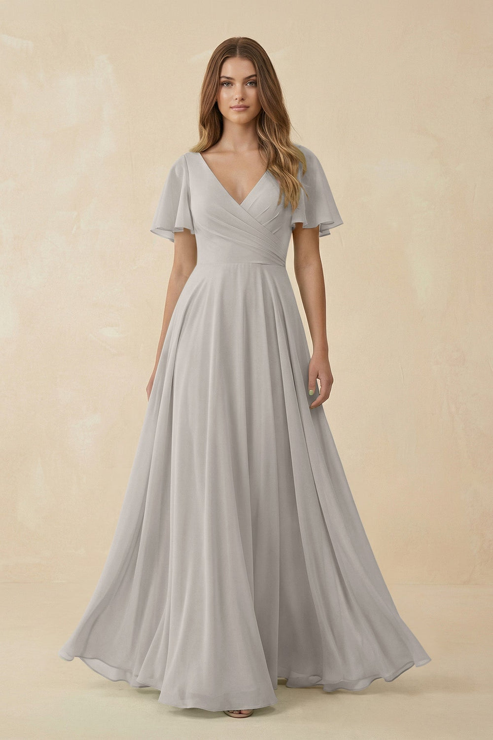 Flutter Sleeve V-Neck Chiffon A-Line Bridesmaid Dress in Silver