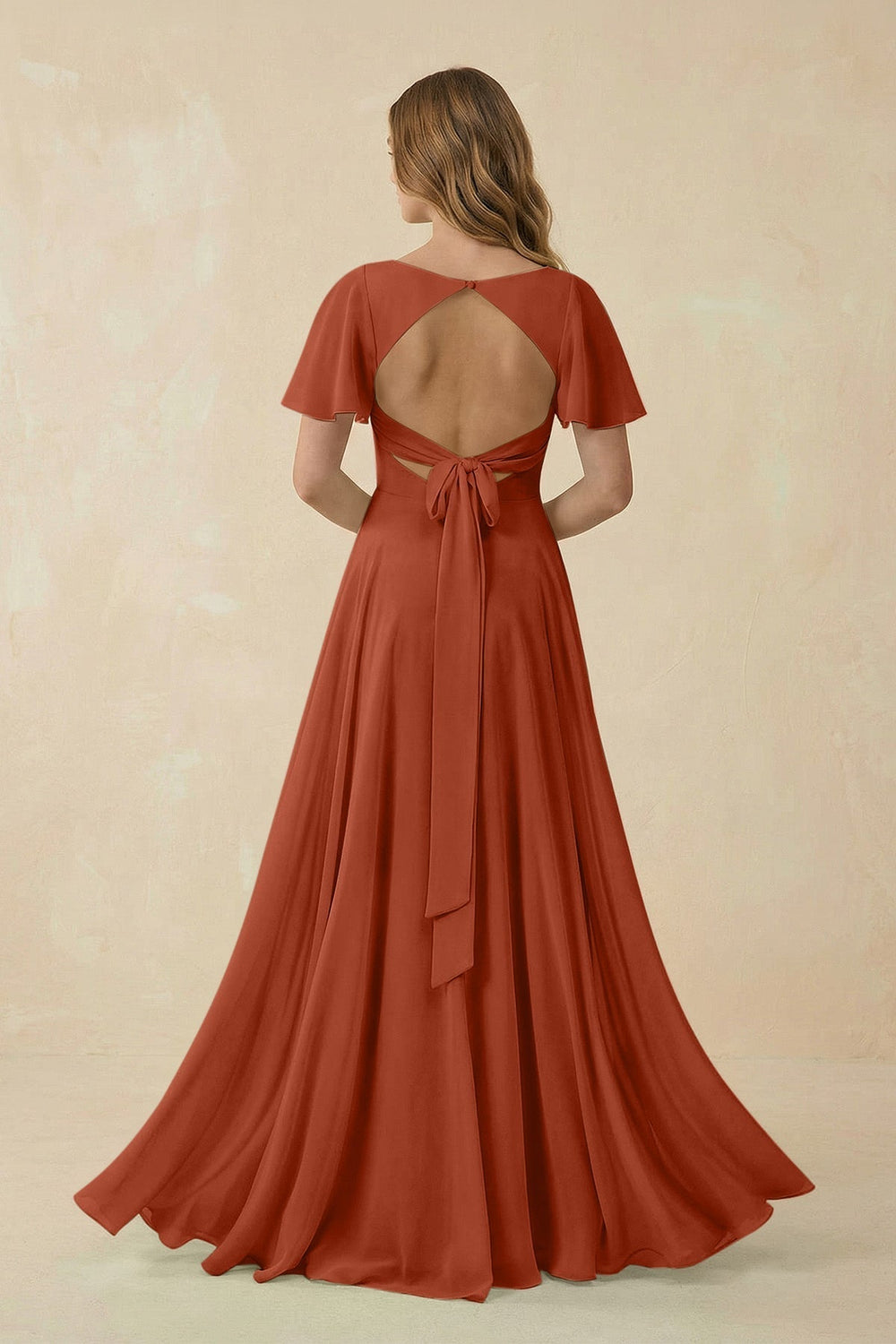 Flutter Sleeve V-Neck Chiffon A-Line Bridesmaid Dress in Spice