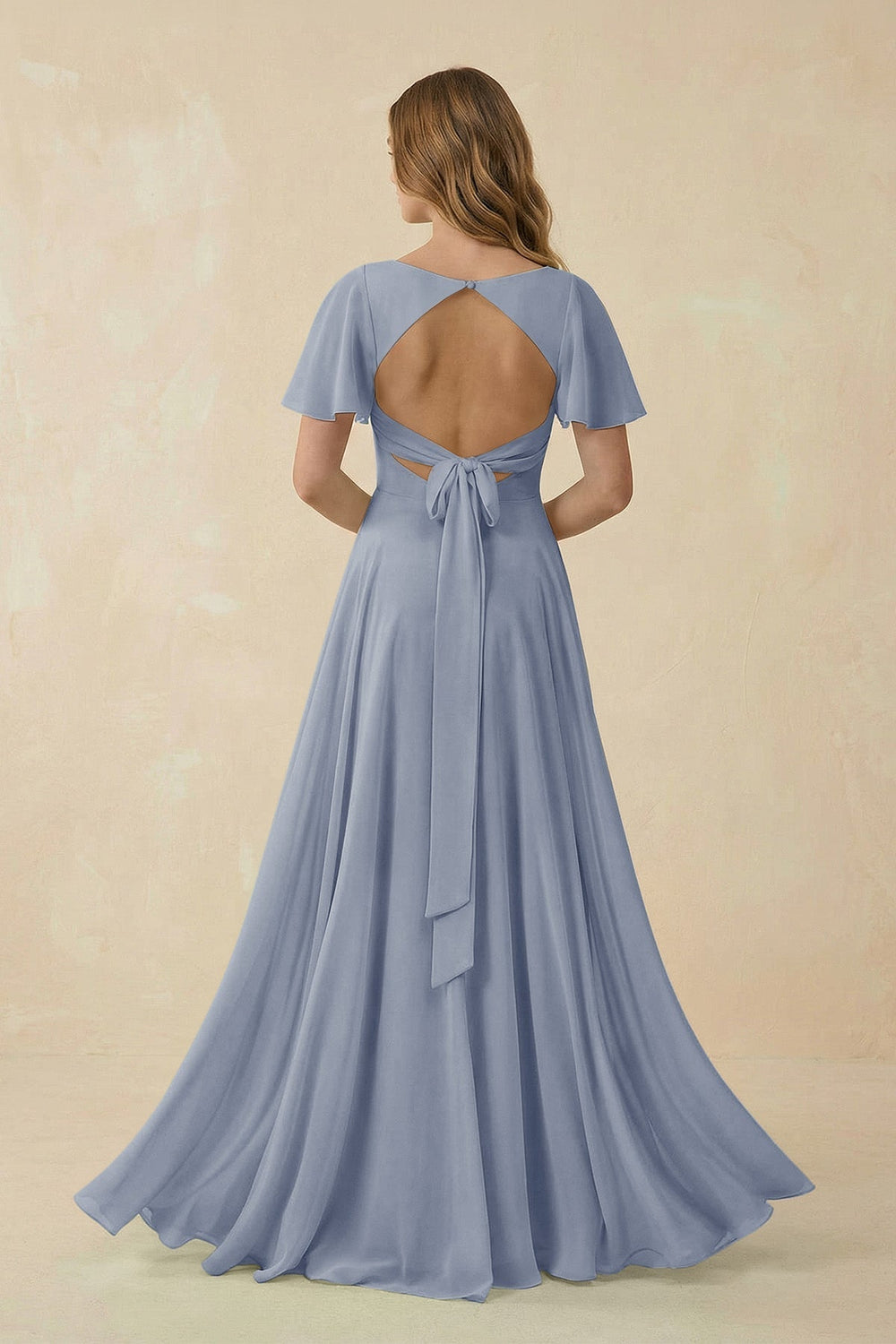 Flutter Sleeve V-Neck Chiffon A-Line Bridesmaid Dress in Twilight