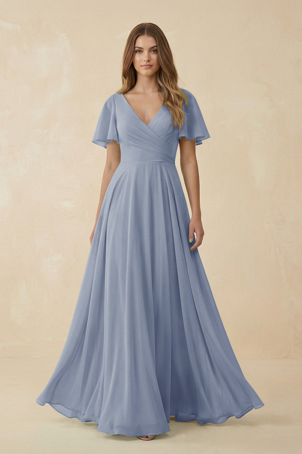 Flutter Sleeve V-Neck Chiffon A-Line Bridesmaid Dress in Twilight