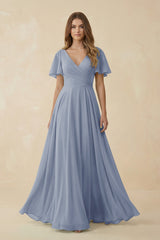 Flutter Sleeve V - Neck Chiffon A - Line Bridesmaid Dress in Twilight - KISS BRIDAL Bridesmaid Dresses