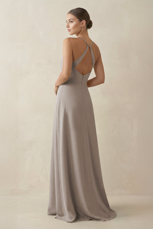Frost A-Line Chiffon Long Bridesmaid Dress With Slit (2) | KISSBRIDAL
