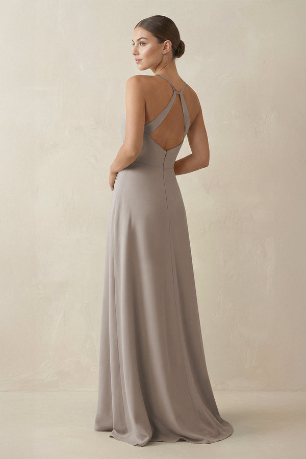 Frost A-Line Chiffon Long Bridesmaid Dress With Slit (2) | KISSBRIDAL