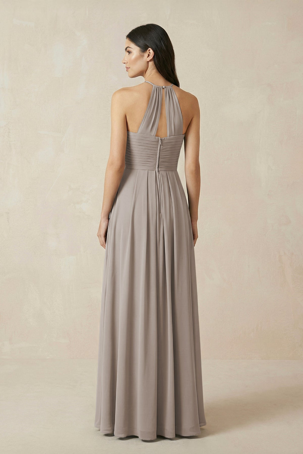 A-Line Halter Neck Pleated Chiffon Bridesmaid Dress in Frost
