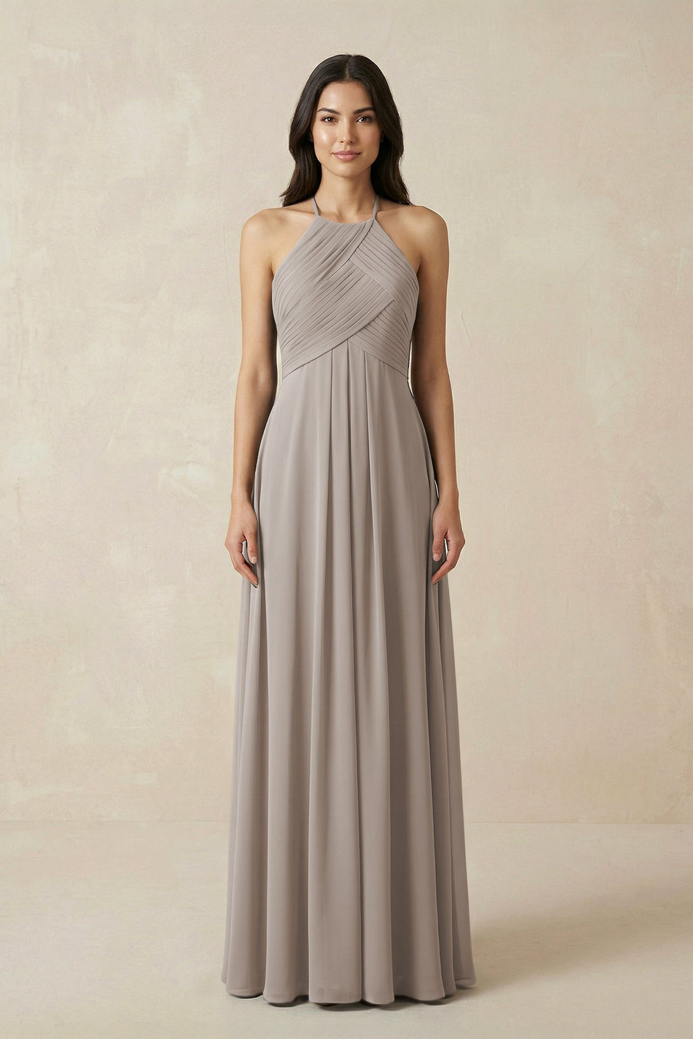 A-Line Halter Neck Pleated Chiffon Bridesmaid Dress in Frost
