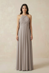 Frost A-Line Halter Neck Pleated Chiffon Bridesmaid Dress | KISSBRIDAL