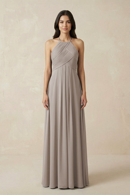 Frost A-Line Halter Neck Pleated Chiffon Bridesmaid Dress | KISSBRIDAL