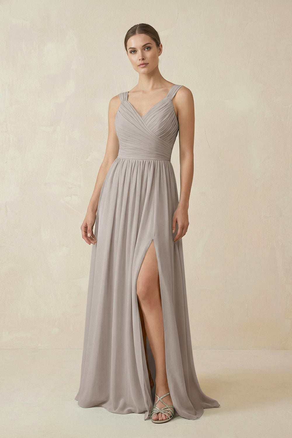 A-Line Pleated Chiffon Long Bridesmaid Dress in Frost