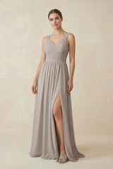 Frost A-Line Pleated Chiffon Long Bridesmaid Dress | KISSBRIDAL