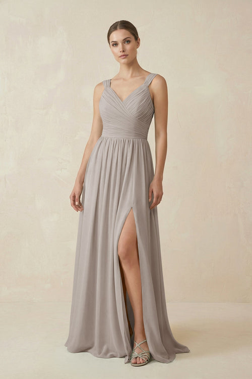 Frost A-Line Pleated Chiffon Long Bridesmaid Dress | KISSBRIDAL