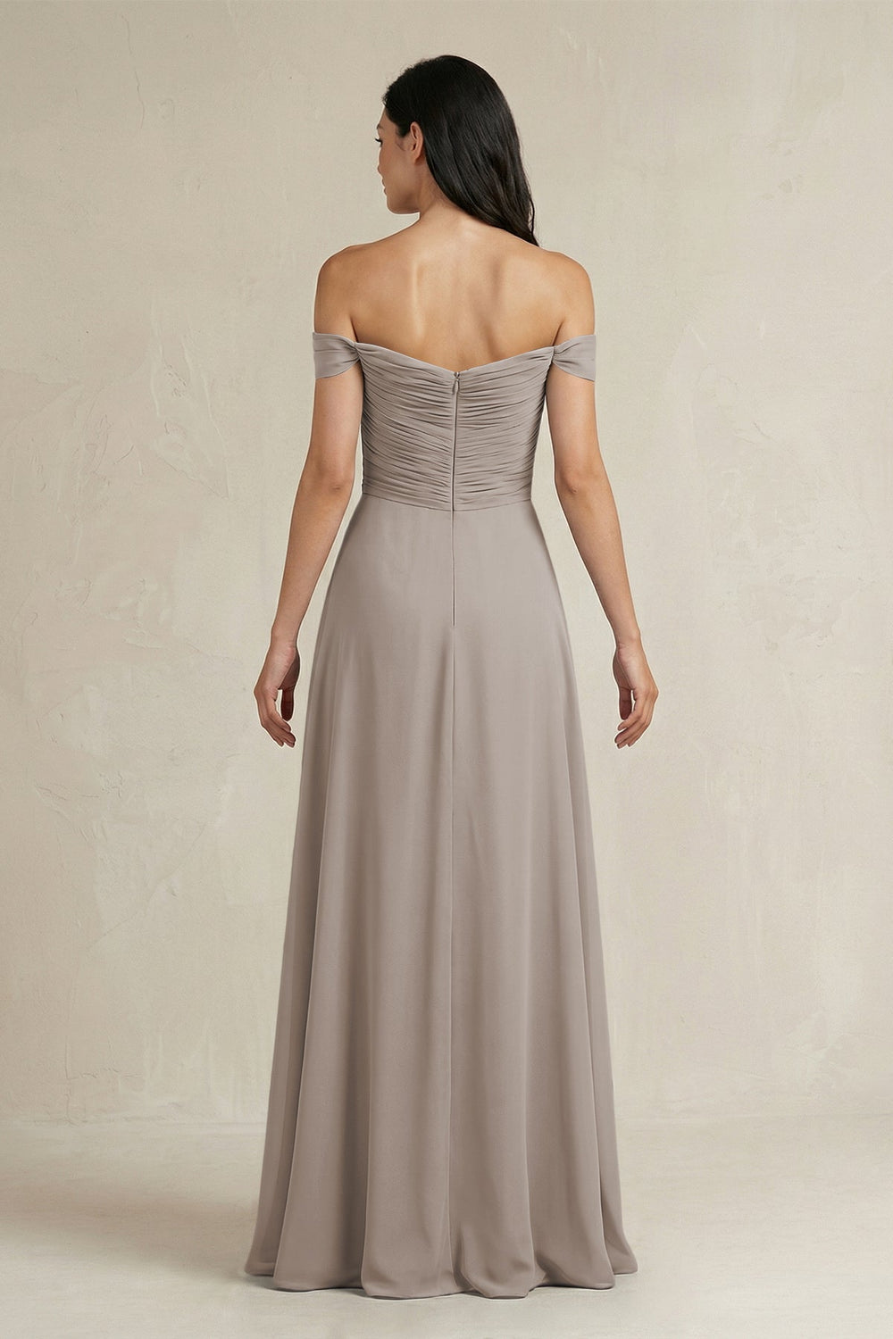 A-Line Pleated Off-the-Shoulder Chiffon Bridesmaid Dress in Frost