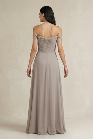 Frost A-Line Pleated Off-the-Shoulder Chiffon Bridesmaid Dress (2) | KISSBRIDAL