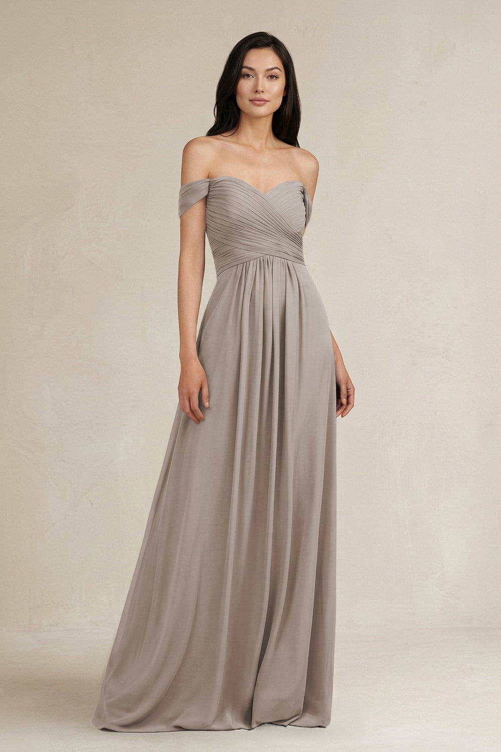 A-Line Pleated Off-the-Shoulder Chiffon Bridesmaid Dress in Frost