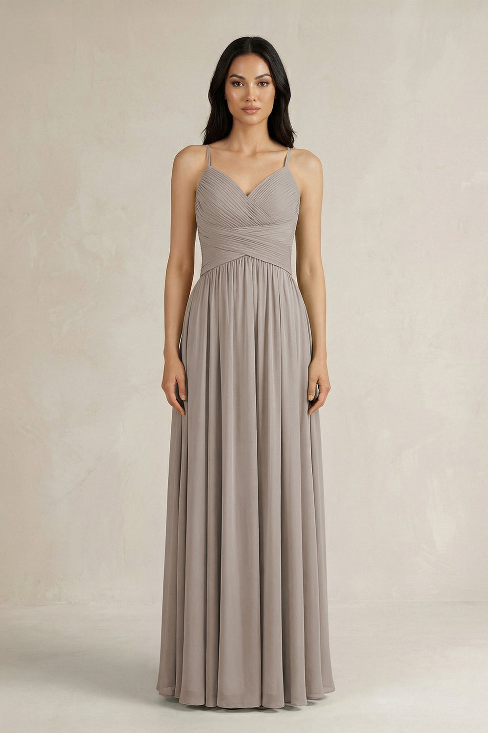 A-Line Pleated Spaghetti Strap Chiffon Bridesmaid Dress in Frost