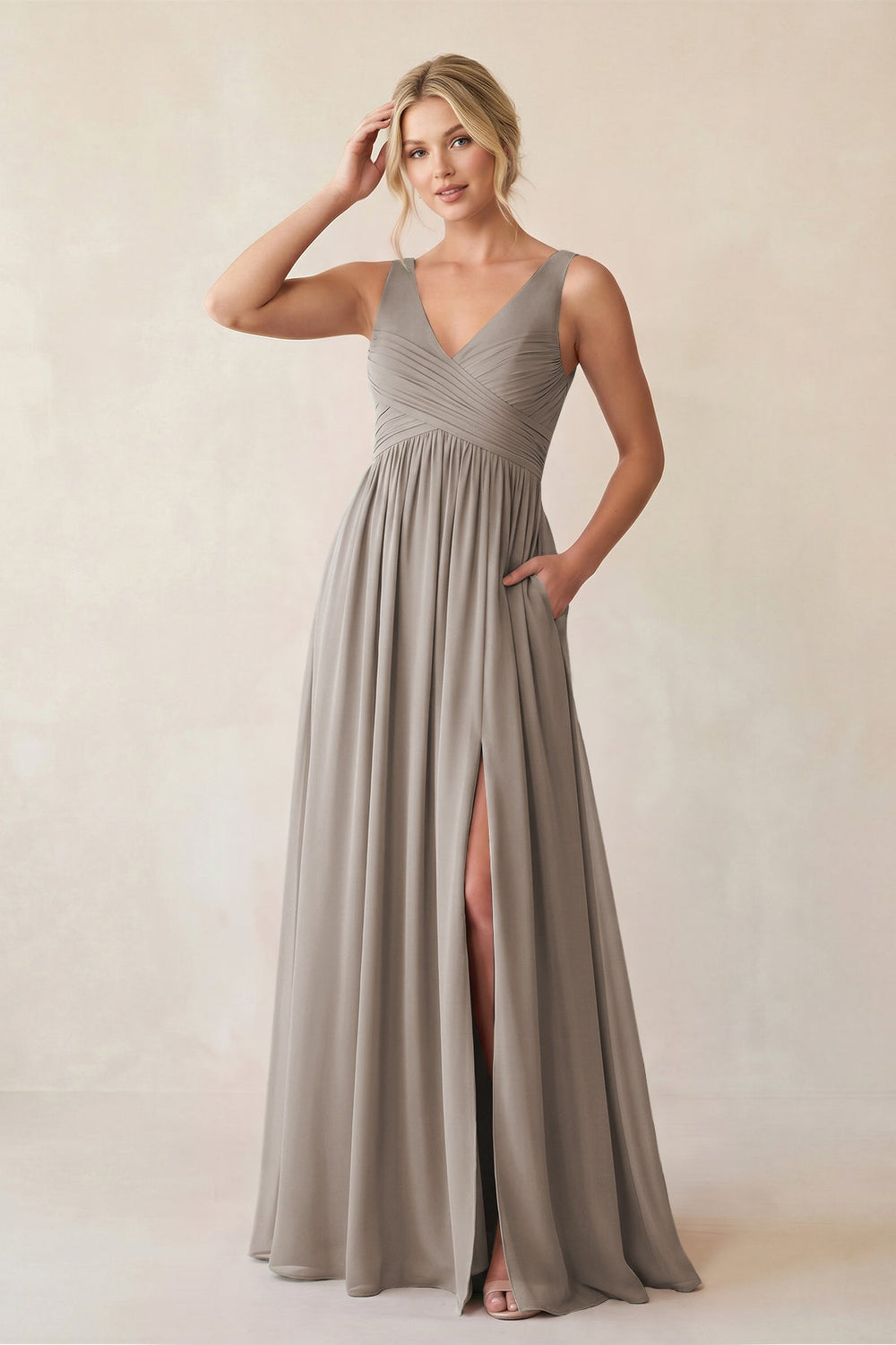 A-Line V-Neck Pleated Chiffon Bridesmaid Dress in Frost