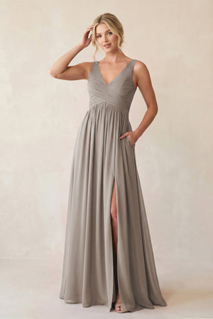 Frost A-Line V-Neck Pleated Chiffon Bridesmaid Dress | KISSBRIDAL