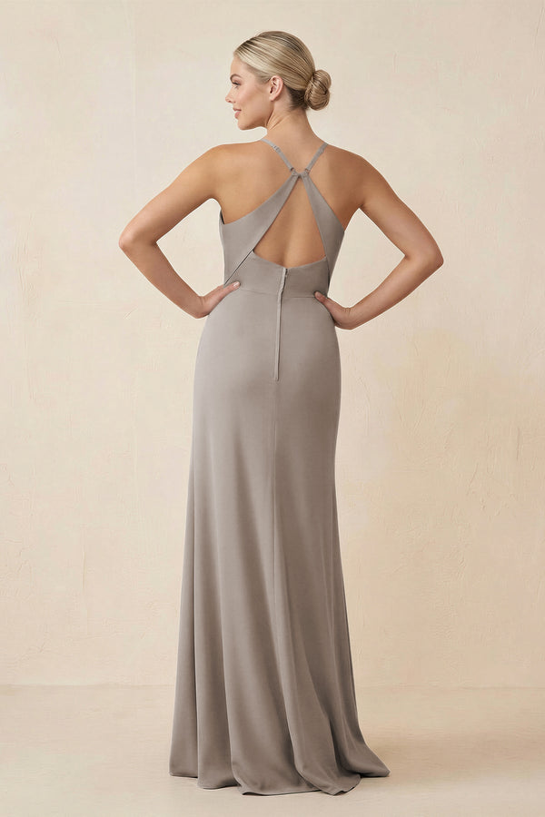 Frost Cami Strap Sheath Ruched Bridesmaid Dress With Slit (2) | KISSBRIDAL