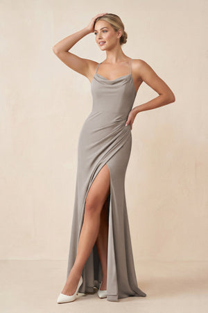Frost Cami Strap Sheath Ruched Bridesmaid Dress With Slit | KISSBRIDAL