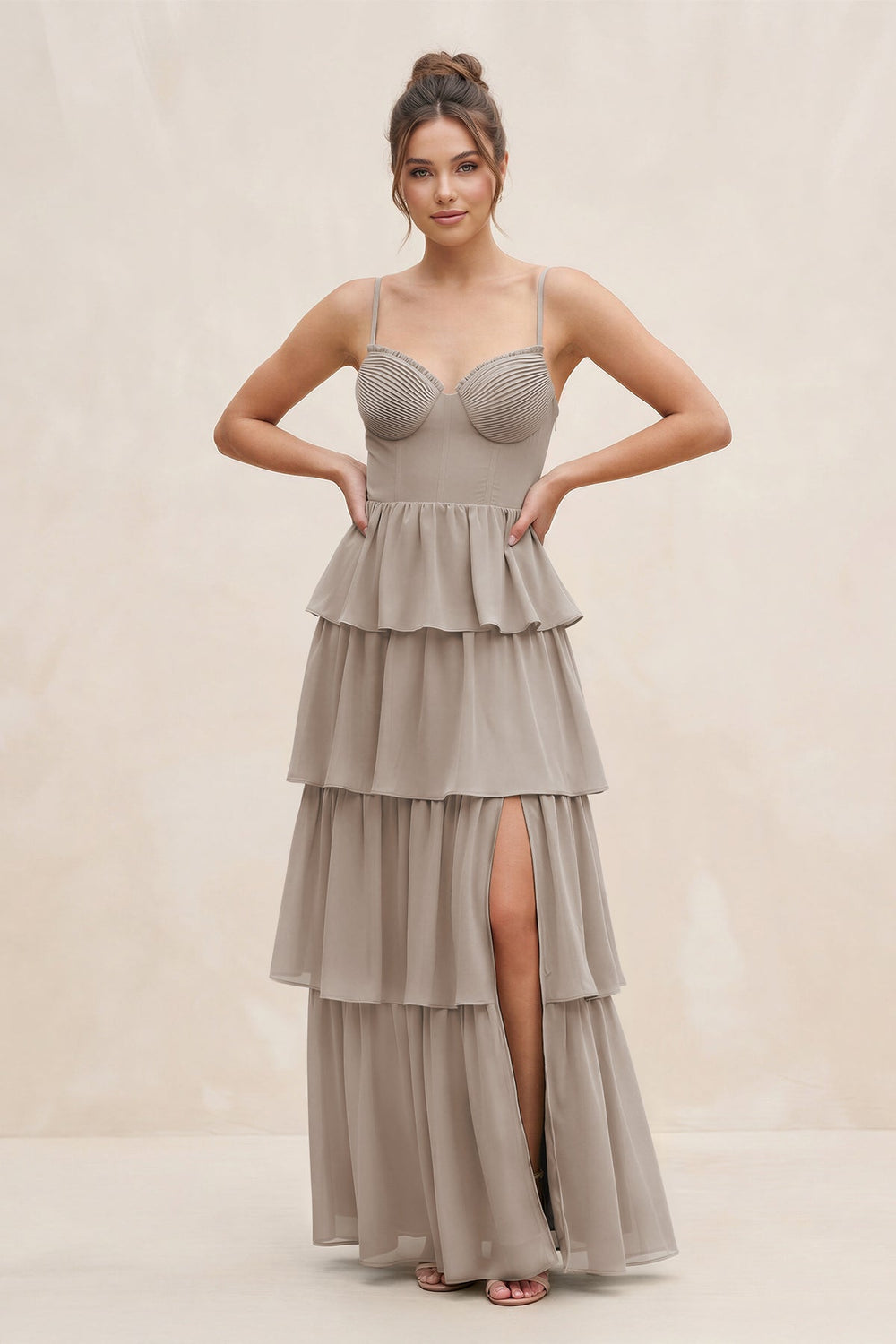 Cami Strap Tiered A-Line Chiffon Bridesmaid Dress in Frost