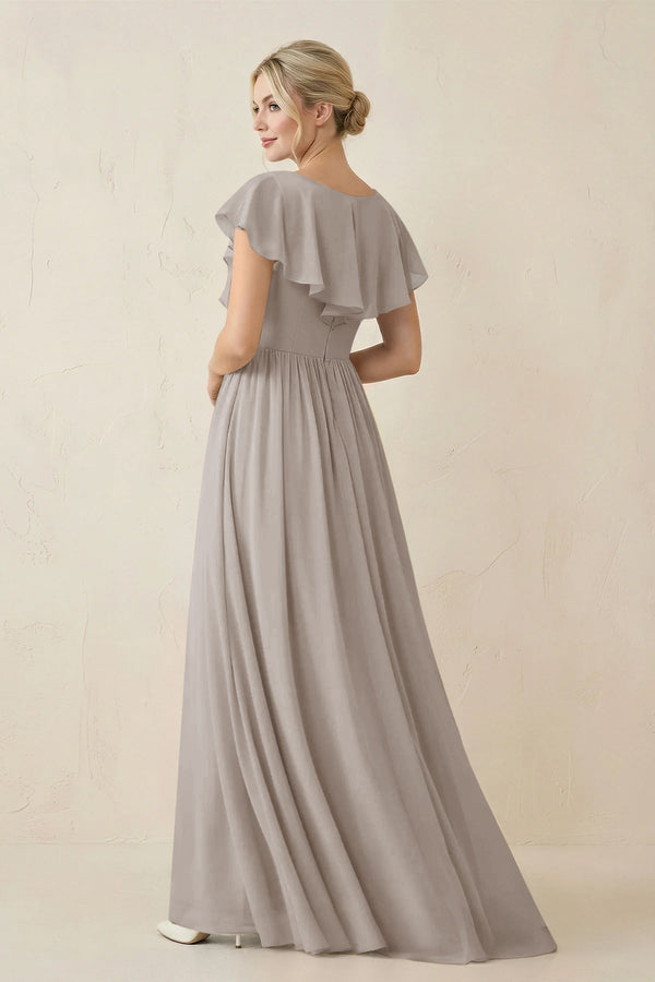 Frost Cap Sleeve A-Line Ruffled Chiffon Bridesmaid Dress (2) | KISSBRIDAL