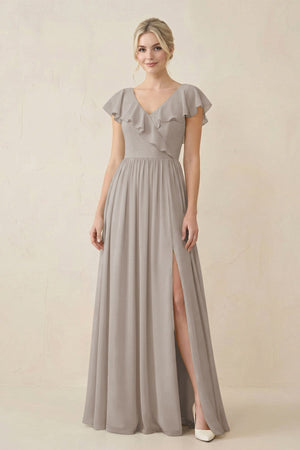 Frost Cap Sleeve A-Line Ruffled Chiffon Bridesmaid Dress | KISSBRIDAL