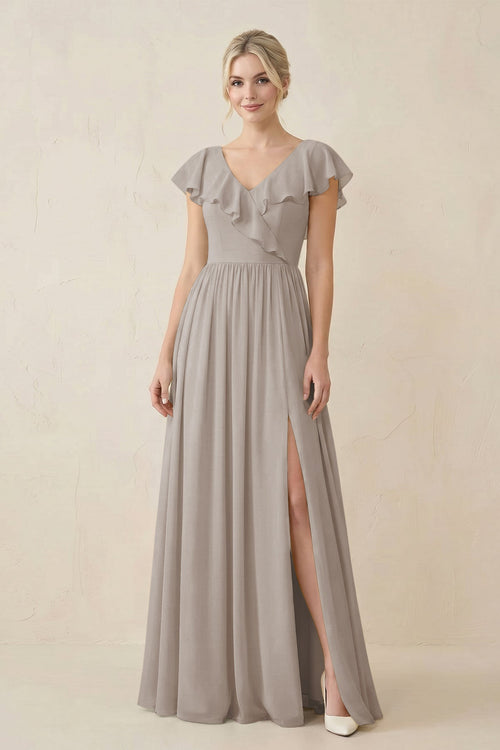 Frost Cap Sleeve A-Line Ruffled Chiffon Bridesmaid Dress | KISSBRIDAL