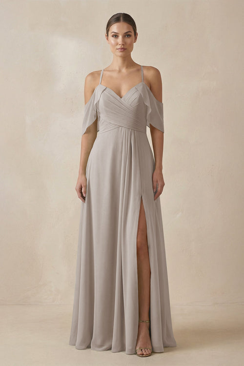Frost Chiffon A-Line Long Bridesmaid Dress | KISSBRIDAL