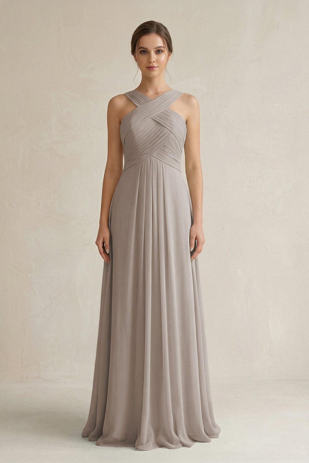 Cross Halter Chiffon A-Line Pleated Bridesmaid Dress in Frost