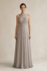 Frost Cross Halter Chiffon A-Line Pleated Bridesmaid Dress | KISSBRIDAL