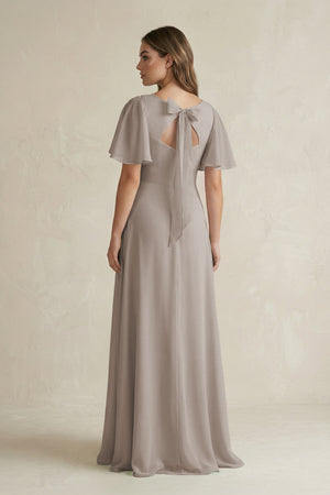 Frost Flutter Sleeve V-Neck A-Line Chiffon Bridesmaid Dress (2) | KISSBRIDAL