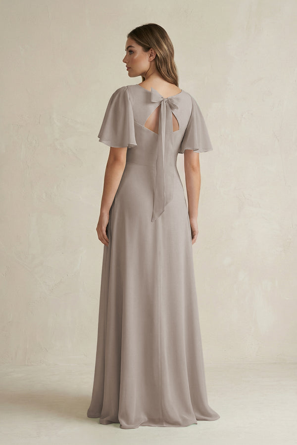 Frost Flutter Sleeve V-Neck A-Line Chiffon Bridesmaid Dress (2) | KISSBRIDAL