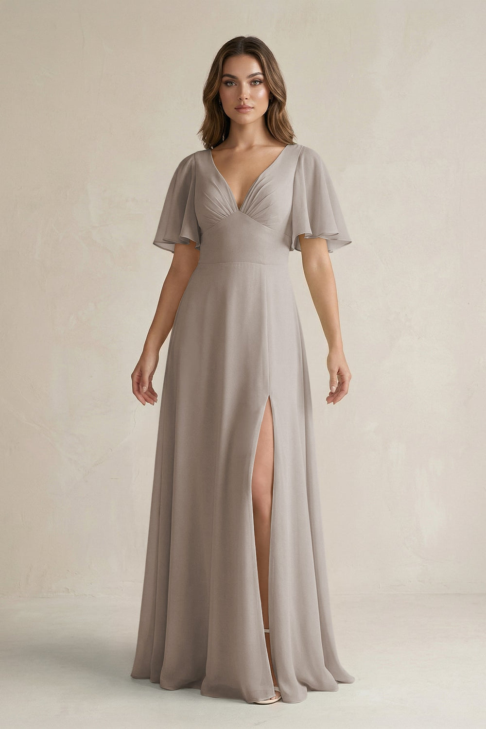 Flutter Sleeve V-Neck A-Line Chiffon Bridesmaid Dress in Frost
