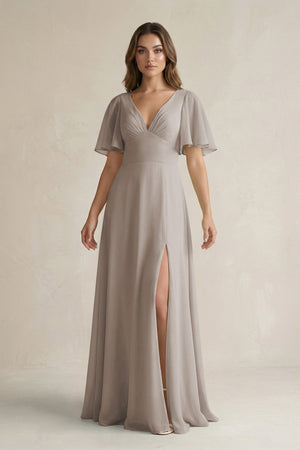 Frost Flutter Sleeve V-Neck A-Line Chiffon Bridesmaid Dress | KISSBRIDAL