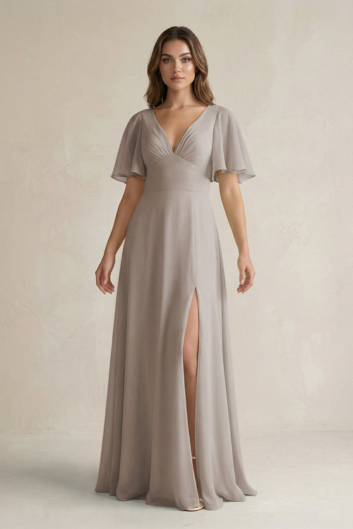 Frost Flutter Sleeve V-Neck A-Line Chiffon Bridesmaid Dress | KISSBRIDAL