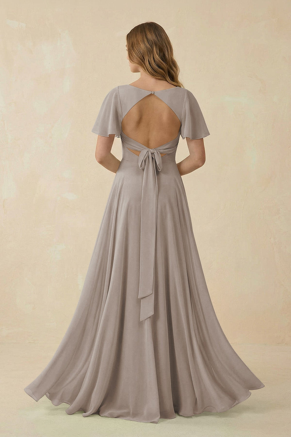 Flutter Sleeve V-Neck Chiffon A-Line Bridesmaid Dress in Frost