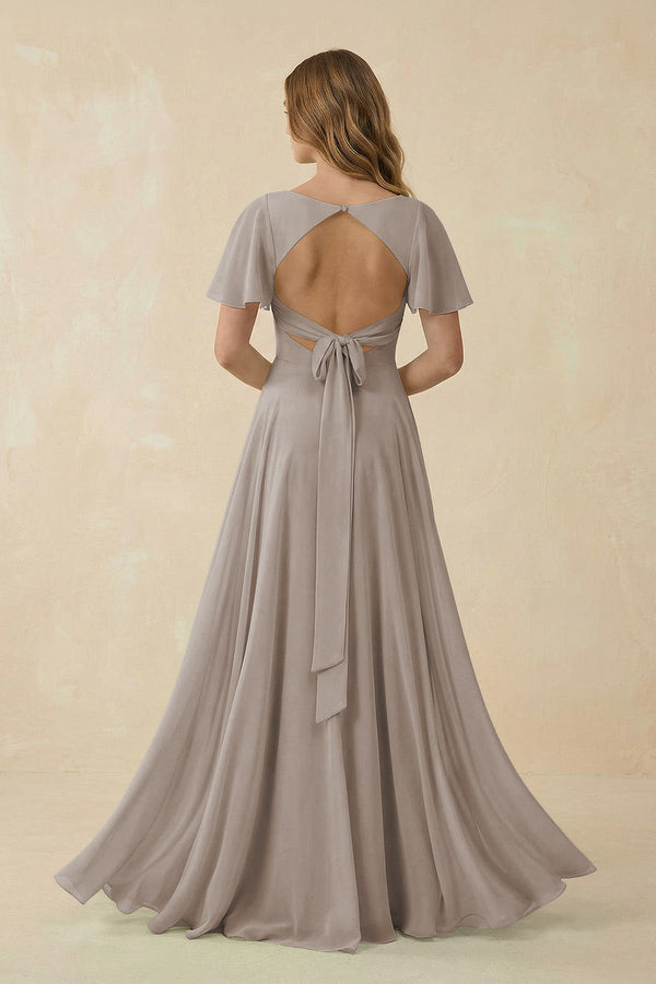 Frost Flutter Sleeve V-Neck Chiffon A-Line Bridesmaid Dress (2) | KISSBRIDAL