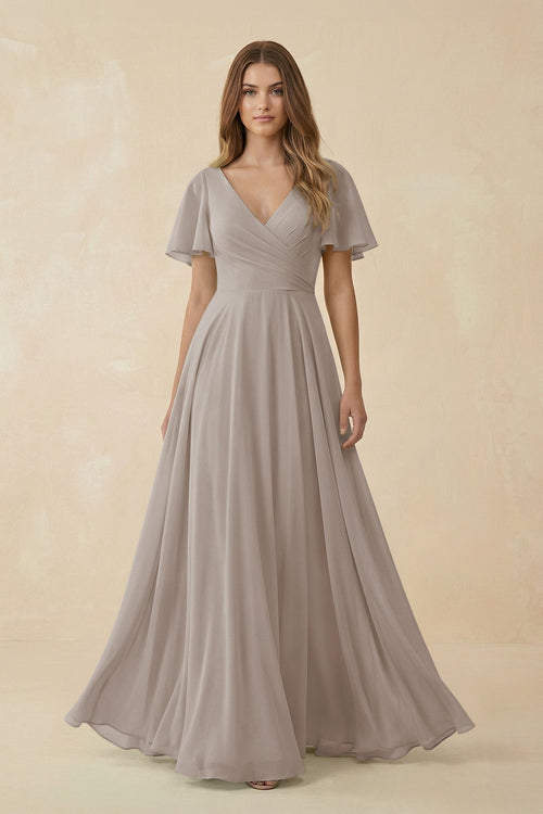 Frost Flutter Sleeve V-Neck Chiffon A-Line Bridesmaid Dress | KISSBRIDAL