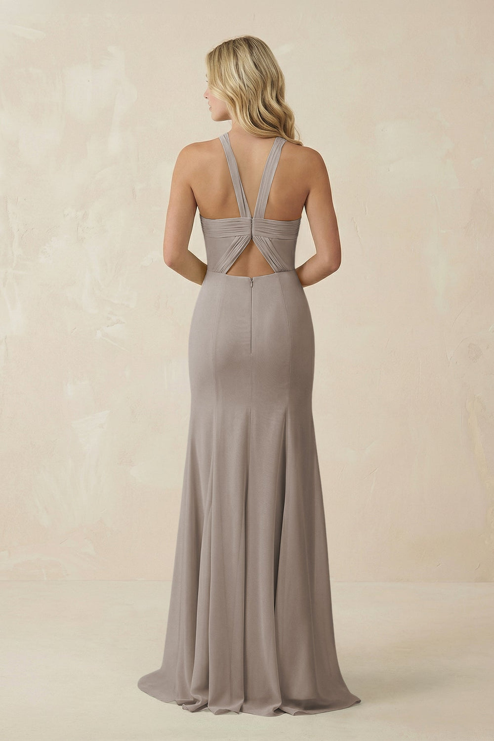 Halter Chiffon Mermaid Ruched Bridesmaid Dress in Frost