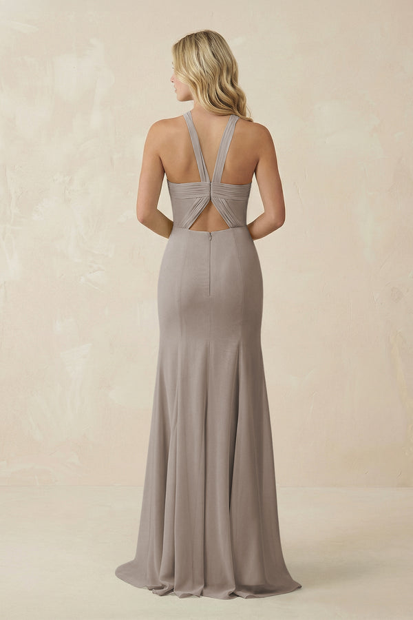 Frost Halter Chiffon Mermaid Ruched Bridesmaid Dress (2) | KISSBRIDAL